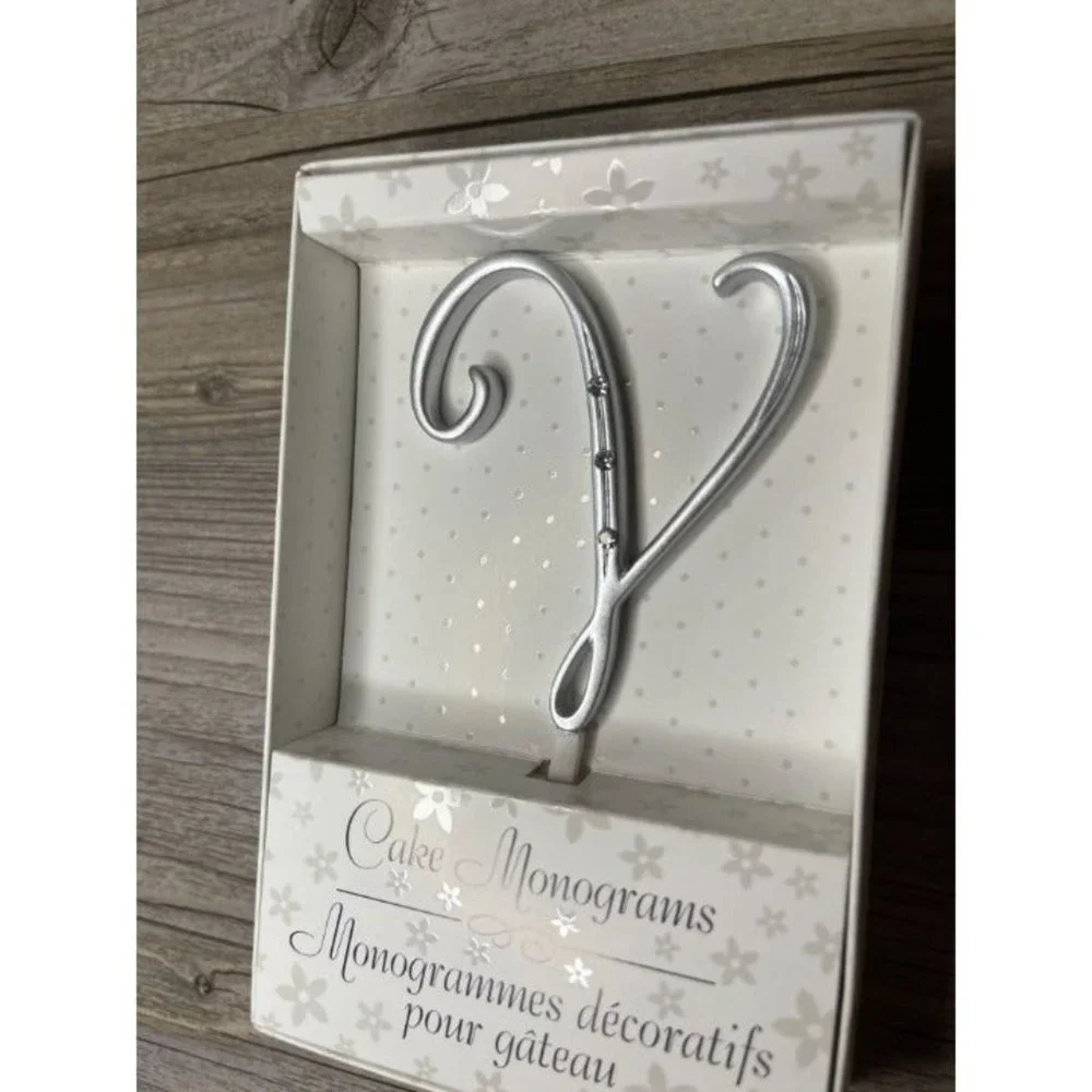 Wedding Small V Silver Finish Monogram Initial Rhinestones Cake Topper
